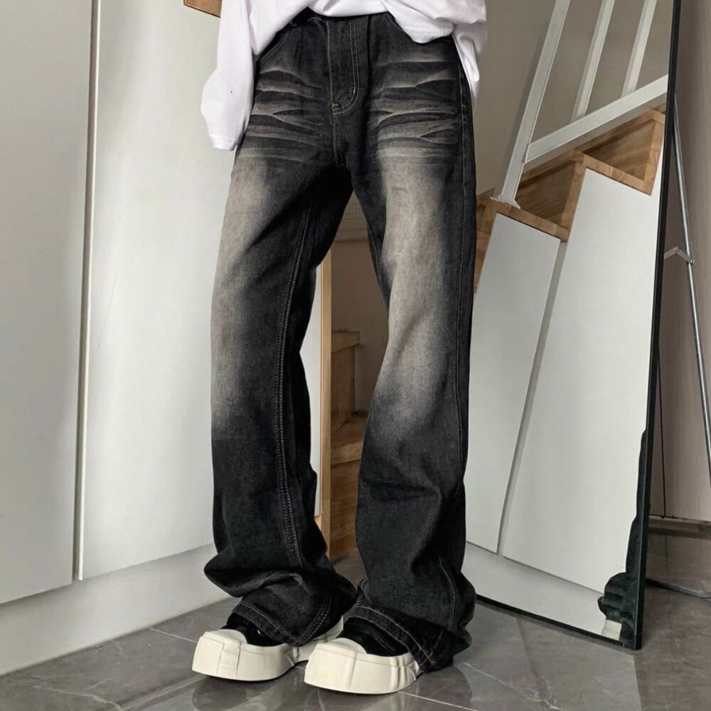 Loose Fit Washed Black Wide-Leg Jeans – Baggy Denim – Size L Streetwear Y2K